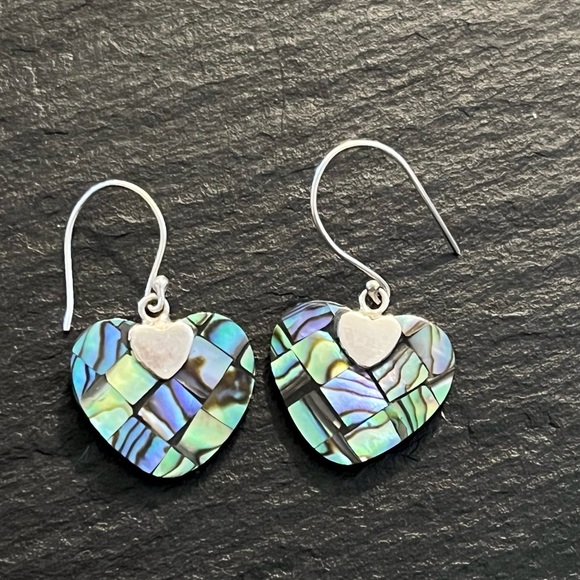 Abalone Shell Sterling Silver 925 Heart French Hook Earrings - Picture 8 of 13